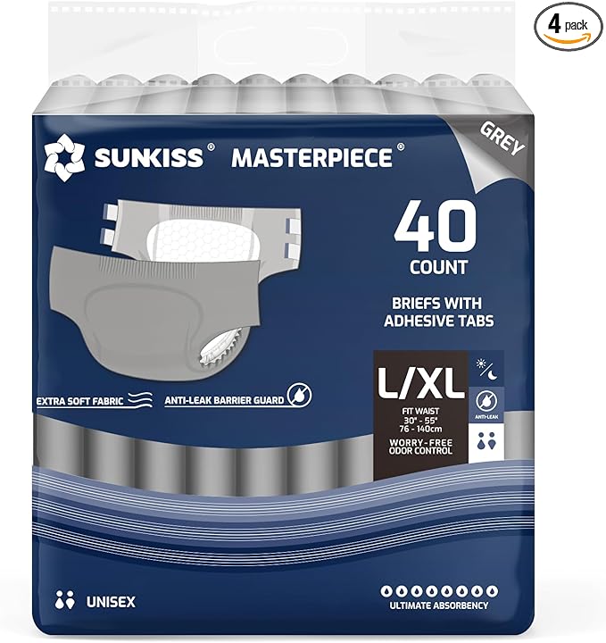SUNKISS Masterpiece Adult Diapers with Tabs, Unisex Disposable Incontinence Briefs for Women and Men, Odor Control, Grey, L/XL, 40 Count