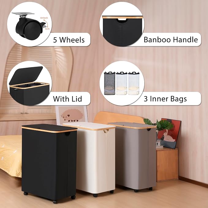 IEGrow Laundry Hamper with Lid,160L Laundry Basket with 3 Mesh Bags,Black | Dirty Clothes Hamper Basket with Bamboo Handle for Clothes Towels