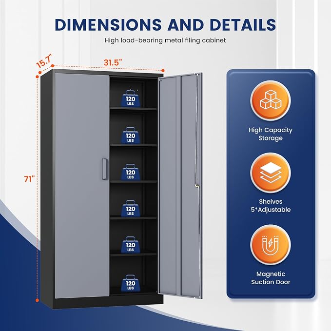 Metal Garage Storage Cabinet with 2 Doors and 5 Adjustable Shelves - 71" Steel Lockable File Cabinet,Locking Tool Cabinets for Office,Home,Garage,Gym,School (Gray Black)