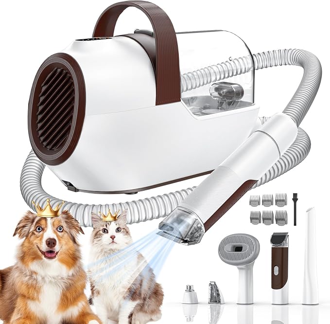Dog Grooming Vacuum, Dog Grooming Kit with Pet Clipper Nail Grinder, 3 Suction Modes Dog Brush Vacuum with 6 Pet Grooming Tools（Nut Brown）