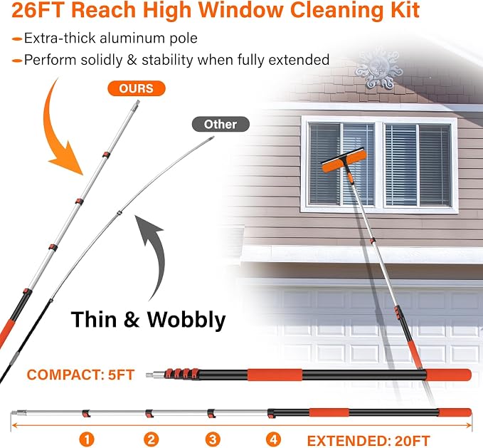 14" Window Squeegee with Extension Pole,26FT Reach High Window Washers for High Outside Windows,Professional Window Cleaning Tool Kit Include Replacement,180°Rotatable Squeegee for Indoor/Outdoor