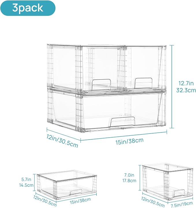 Vtopmart 3 Pack Stackable Storage Drawers, Easily Assemble Clear Plastic Organizer Bins, 1 Wide Drawer and 2 Medium Drawers for Pantry, Kitchen Cabinet, Bathroom, Closet Organization and Storage