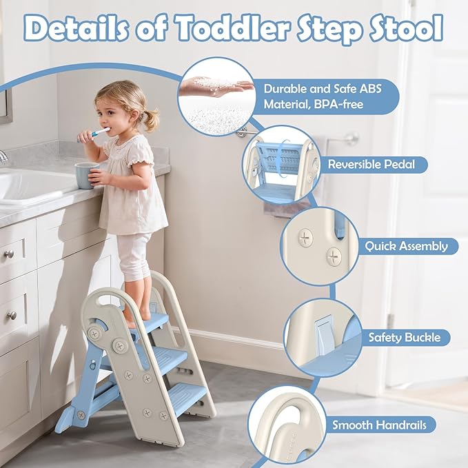 Onasti Toddler Step Stool with Handles, Adjustable Kids Stool Converts from 3-Step to 2-Step, Non-Slip and Anti-Tip Design for Safer Potty Training, Bathroom Sink and Kitchen Counter- Blue