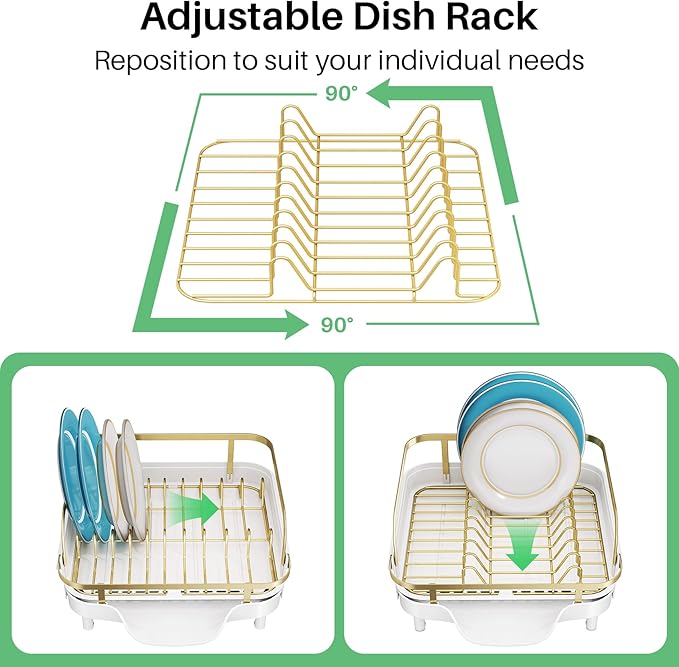 SNTD Dish Drying Rack, Expandable Dish Rack for Kitchen Counter, Stainless Steel Dish Drainer with Drainboard Set and Utensil Holder (Gold)