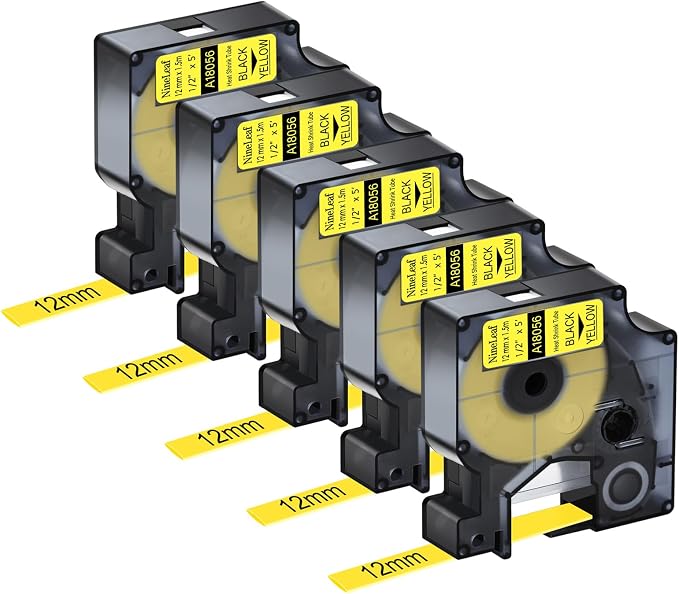 NineLeaf 5 Pack Compatible Labels Tape Replacement for Dymo 18056 1/2 inch Black on Yellow Heat Shrink Tube Labels 12mm x 1.5m for Wires and Cables Use in Rhino 4200 5200 5000 6000 3M Label Maker