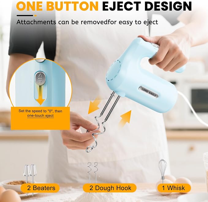 Lord Eagle 5-Speed Hand Mixer Electric, 300W Compact Handheld Mixer, Portable Kitchen Egg Beater with 5 Attachments & Storage Bag, Cake Supplies for Bread Dough Baking, Lightweight, Blue
