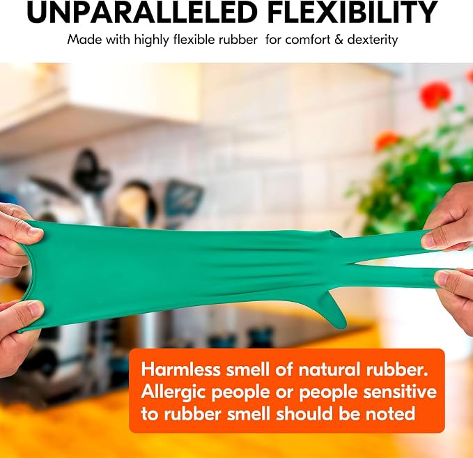 Vgo... 2-Pairs Reusable Household Gloves, Rubber Dishwashing gloves, Extra Thickness, Long Sleeves, Kitchen Cleaning, Working, Painting, Gardening, Pet Care (Size M, Green, HH4601)