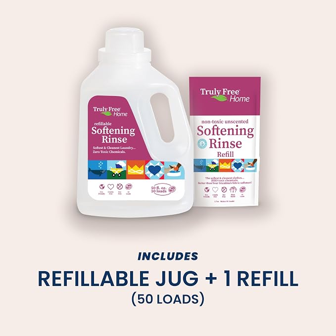 Truly Free Natural Fabric Softener | Non-Toxic for Babies & Kids Sensitive Skin | Plant-Based Laundry Softening Conditioner | Safe, Gentle & Chemical-Free | Unscented | 1 Empty Jug + 1 Fill (2.7 oz)