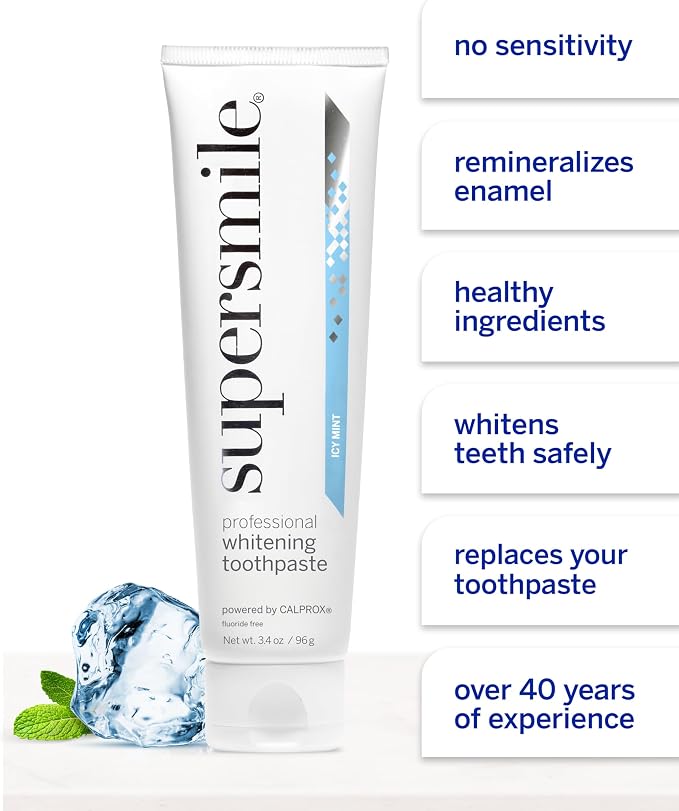 Supersmile ICY Mint Fluoride-Free Whitening Toothpaste, 3.4 Oz Travel | Calprox® Powered, Whitens 5.5 Shades in 7 Days, TSA-Approved, Frosty Peppermint Menthol, Veneer Safe, Sensitivity-Free
