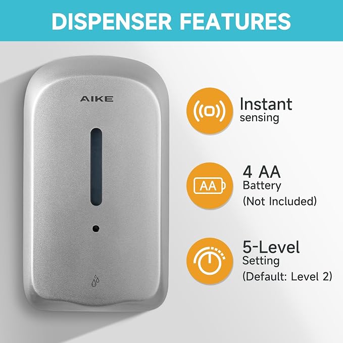 AIKE Liquid Automatic Soap Dispenser,33.8oz Capacity for Bathroom,Silver | 5-Level Adjustable and Savety Key for Commercial(4*AA Batteries Not Included),Screw Wall Mount for Space-Saving,AK1226S