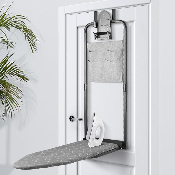 Seiritex Over the Door Ironing Board 14x42 inches with Iron Holder and Pocket Storage Bag, Hanging Iron Board for Home Laundry Room, Black