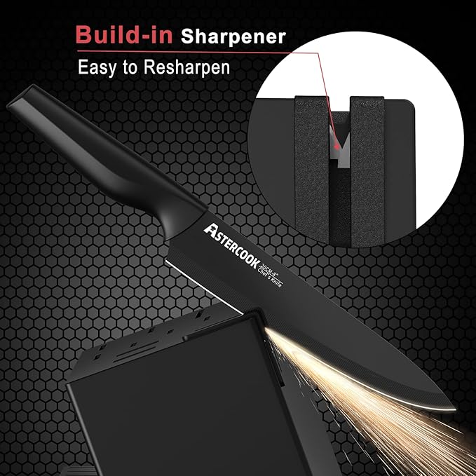 Knife Set, Astercook 21 Pieces Knife Sets for Kitchen with Block, Dishwasher Safe Kitchen Knife Set with Built-in Sharpener, German Stainless Steel Black Knife Block Set, Fathers Day Gift for Men
