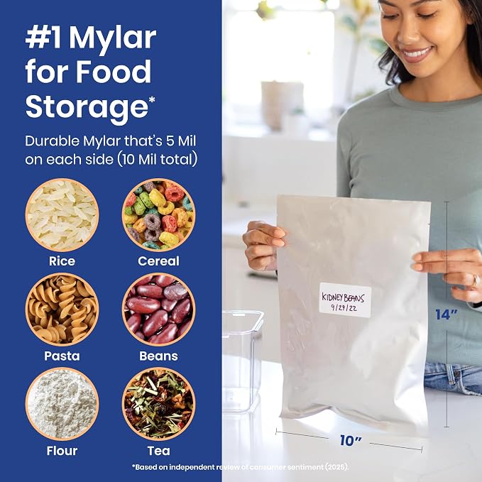 Wallaby 75 Count 1-Gallon Mylar Bags with 400cc Oxygen Absorbers, 10 Mil Total Thickness Long-Term Food Storage Pouches, 10x14 Heat-Sealable Airtight Packaging - Silver
