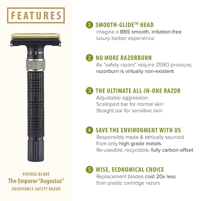 VIKINGS BLADE Adjustable Double Edge Safety Razor + Luxury Case. Smooth, Reusable, Eco-Friendly (The Emperor “Augustus”)