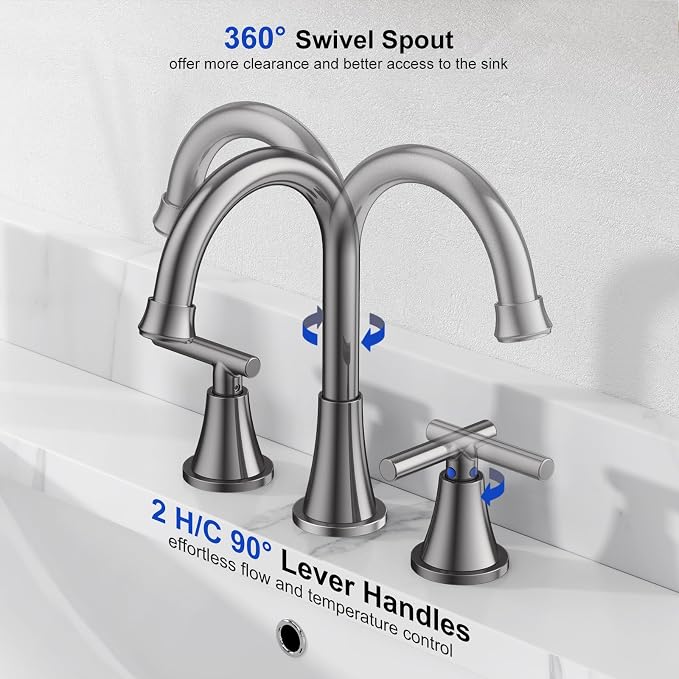 Bathroom Faucets for Sink 3 Hole, Hurran 8 inch Widespread Brushed Grey Bathroom Sink Faucet with Pop-up Drain and Supply Hose, Stainless Steel Lead-Free Faucet for Vessel Sink Vanity RV