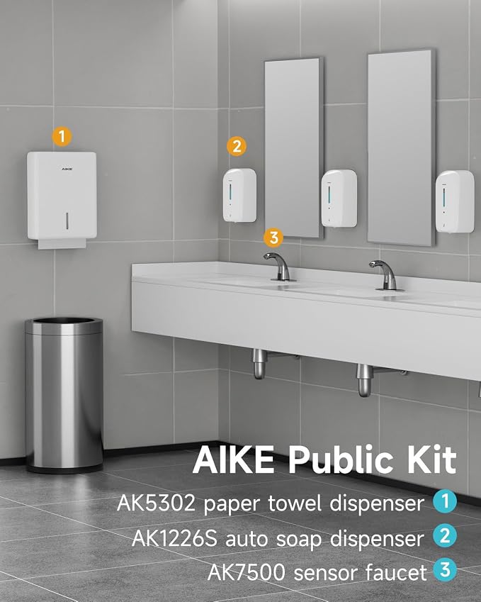 AIKE Liquid Automatic Soap Dispenser,33.8oz Capacity for Bathroom,White | 5-Level Adjustable and Savety Key for Commercial(4*AA Batteries Not Included),Screw Wall Mount for Space-Saving,AK1226S