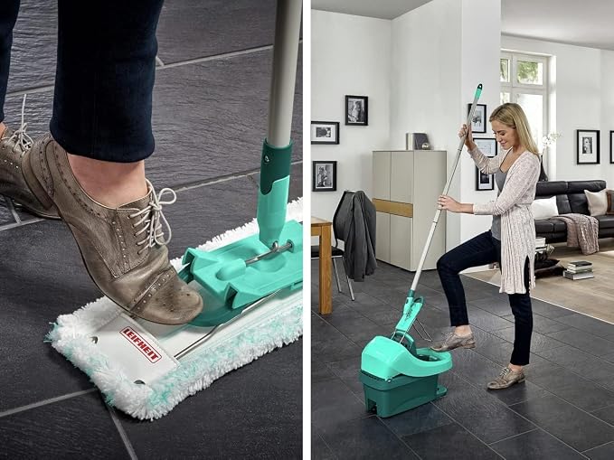 Leifheit Floor Cleaning Profi XL Mop and Bucket Set – 42 cm Microfibre Mop for Large Floors with 360° Joint, Foot-Pedal Wringing System, Heavy Duty 8 L Bucket, Easy Moist or Wet Cleaning, Turquoise | Bucket wringer on wheels, foot wringing system, 2 Mi...