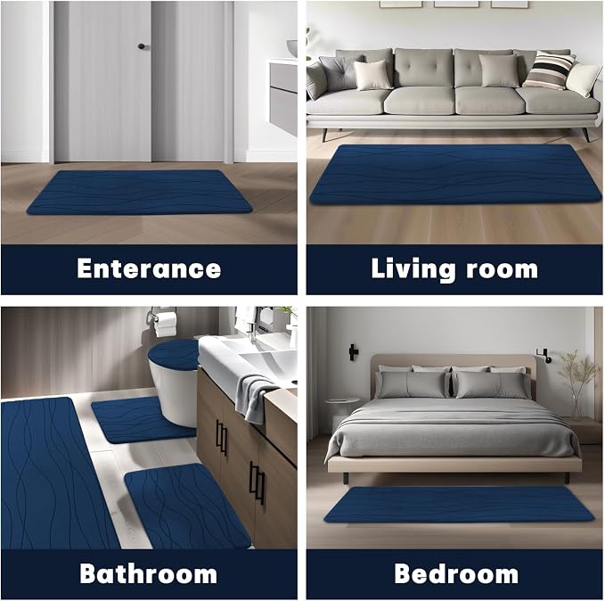 YIHOUSE Bathroom Rugs Set 3 Piece, Memory Foam Bath Mat Navy Blue | Ultra Soft, Absorbent, Non-Slip, Machine Washable, for Bathroom, Sink and Toilet