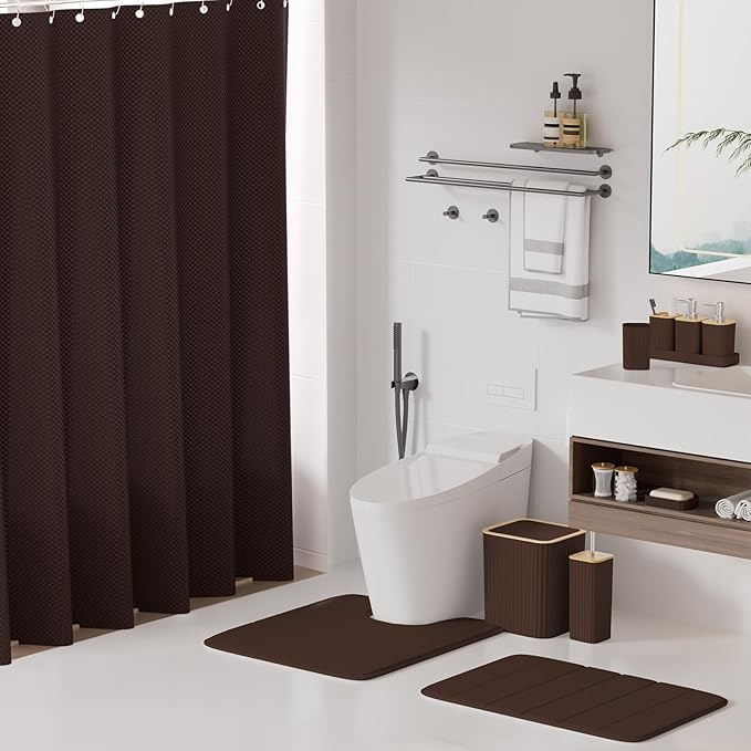 XLHOMO Bathroom Accessories Set - 25PC Brown Bathroom Set, Bathroom Set with Shower Curtain and Rugs, Brown Shower Curtain Set, Toilet Brush, Bathroom Trash Can