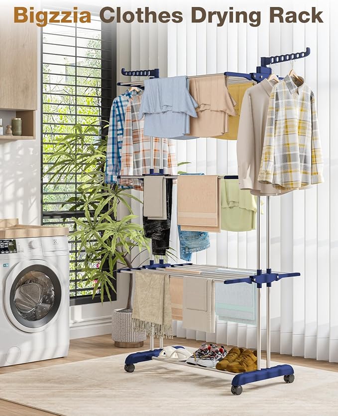 Bigzzia Clothes Drying Rack Folding with Wheels Drying Rack Clothing Clothes Horses Rack Stainless Steel Laundry Drying Rack with Two Side Wings 4 Tier Upgraded Grey Blue