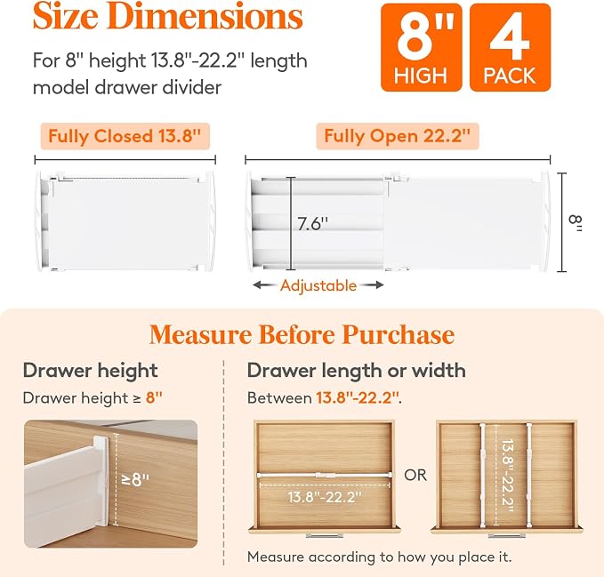 Lifewit 8" Tall 4 Pack Drawer Dividers, 13.8"-22.2" Adjustable Deep Drawer Organizer Clothes, Expandable White Plastic Separators for Dresser, Kitchen, Cabinet, Closet, Office Organization & Storage