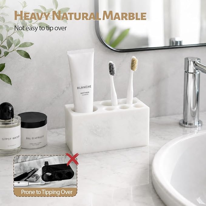 BCS Toothbrush Holder for Bathrooms, 6 Slots Open-Bottom Marble Toothbrush Organizer, Makeup Brush Stand Toothbrush Storage Collection for Bathroom Countertop Vanity Organization - Namib Bianco