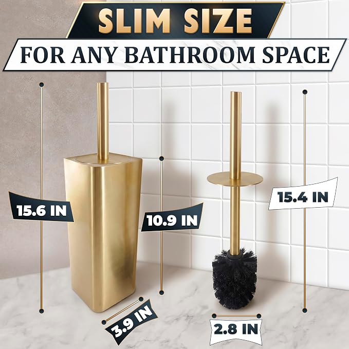 Gold Toilet Brush and Holder Set - Instantly Elevate Your Bathroom Style - Stainless Steel Toilet Bowl Brush and Holder with 2 Rounded Corners, Replaceable Head, Removable Inner Bowl & Splash Guard