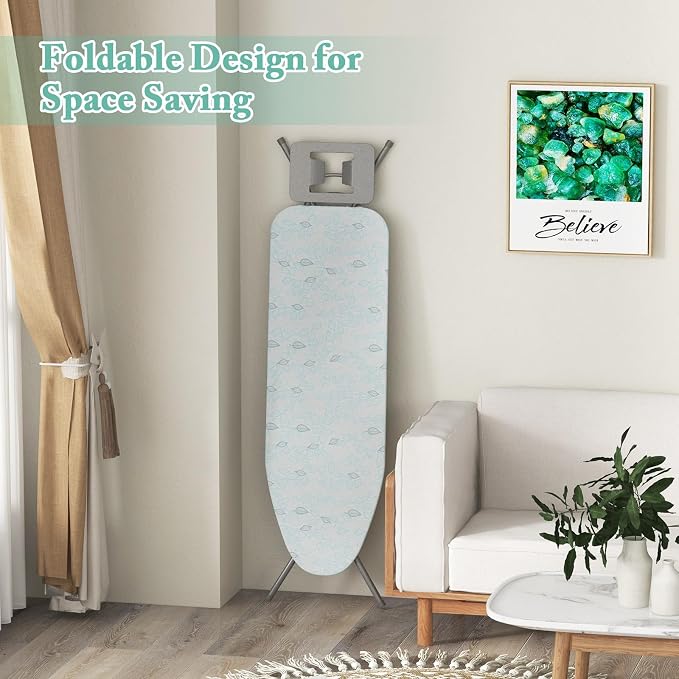 COSTWAY Ironing Board Full Size, Foldable Iron Table w/Rest, Height Adjustable, Removable Cover, Heavy-Duty Metal, Compact and Space Saver Iron Board for Living Room, Laundry (Turquoise Leaves)