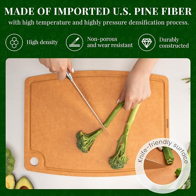 Kikcoin Wood Cutting Board, Cutting Boards for Kitchen Dishwasher Safe Non-slip Chopping Board with Juice Groove, Wood Fiber Composite Cutting Board with Hanging Hole, 17.3"*12.8"