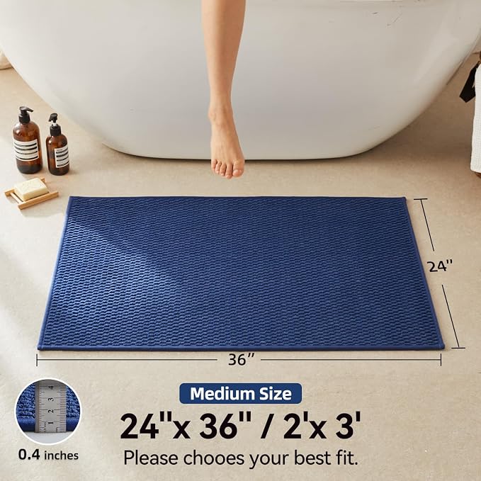Triohero Bathroom Rugs Non Slip Washable, Super Absorbent Thin Bath Mat Quick Dry Low Pile Bathroom Rug, Navy Blue 24"x36"