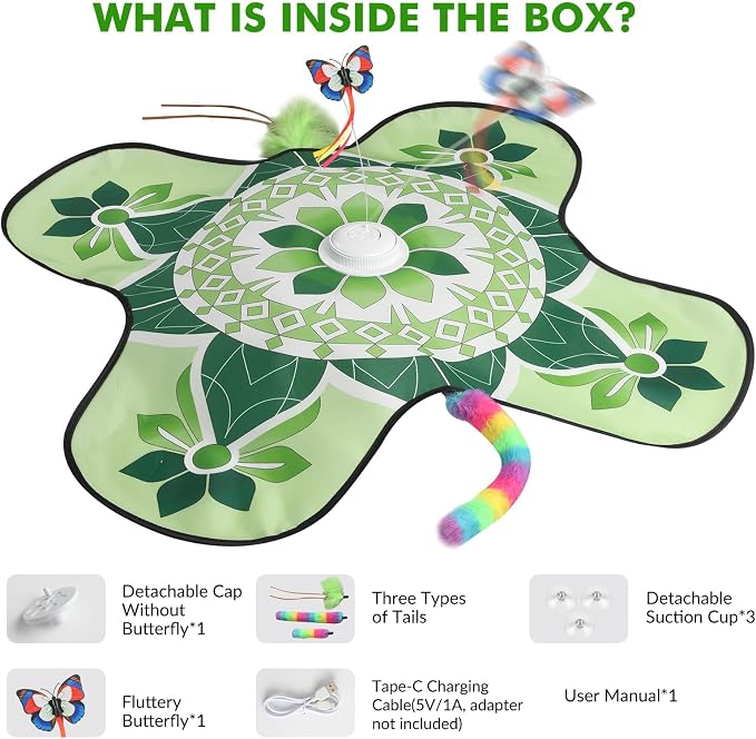 Wortade Interactive Cat Toys for Indoor Cats Rechargeable, Moving Concealed Wand Feather, Automatic Fluttering Butterfly Cat Stimulation Toys for Indoor Cats, Hide and Seek Kitten Toy (Green)