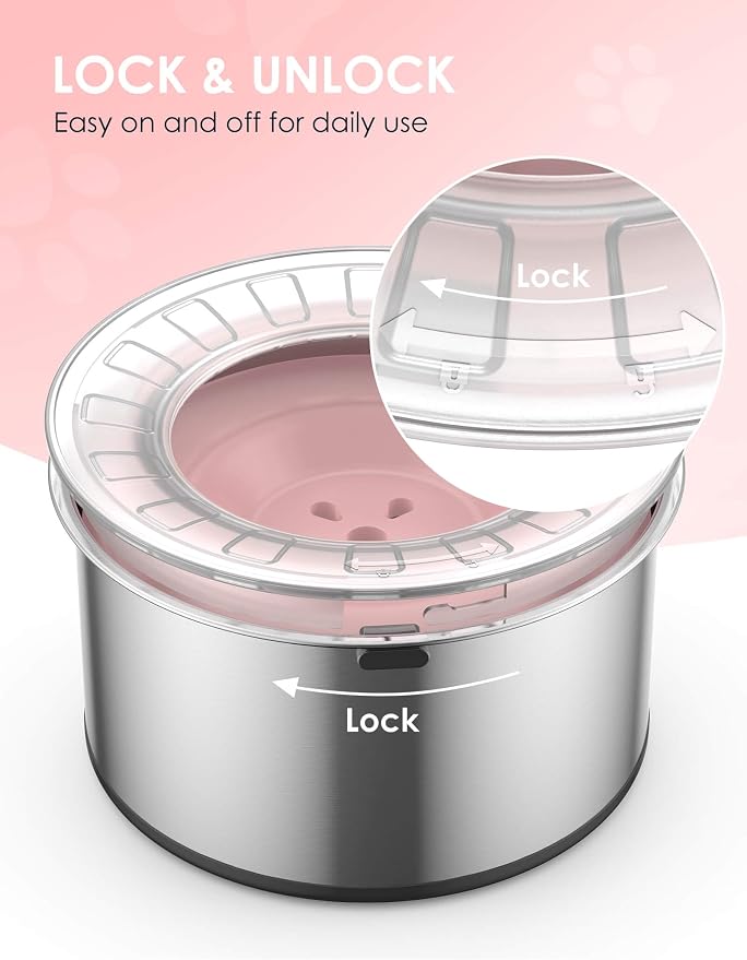 Heouvo 1 Gallon No Spill Dog Water Bowl with Slow Drink Floating Disk(Pink) | Splash-Proof Lid + Stainless Steel Bowl/Rubber Bottom/Slobber Stopper Water Bowl for Large Sloppy Messy Drinkers Reduce Mess
