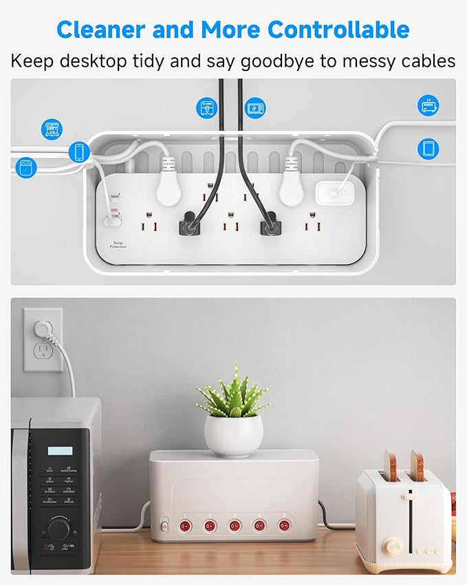 Surge Protector Power Strip with Cable Management Box,Cord Organizer Box with 10 Outlets and 3 USB Ports,Individual Switches,6 ft Flat Plug Extension Cord,Under-Desk and Desk Wire Storage Hider,White