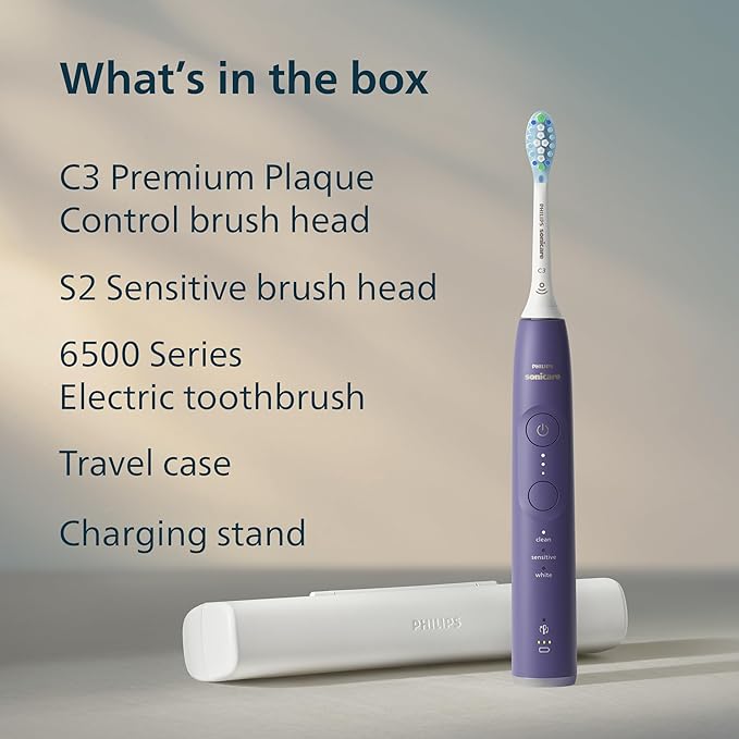 Philips Sonicare 6500 Series Electric Toothbrush - Next-Generation Sonicare Technology, Pressure Sensor, 9 Brushing Settings, SmarTimer, BrushPacer, 21-Day Runtime, Travel Case, Purple, HX7417/05