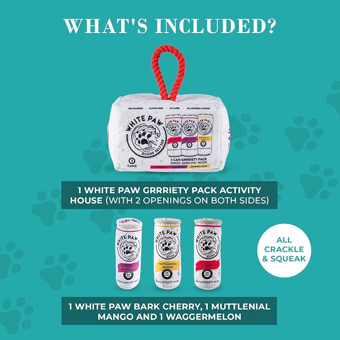 Haute Diggity Dog White Paw Grrriety Pack Activity House, Plush Designer Dog Toys with Interactive Squeaker, Stimulating Pet Enrichment, Machine-Washable & Safe Materials for All Breeds, One Size