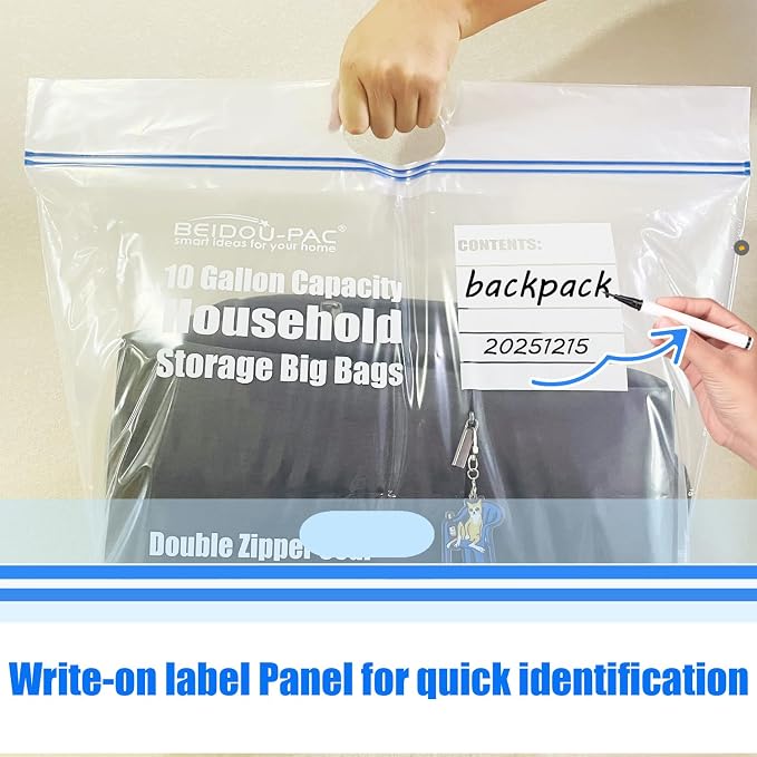 BEIDOU-PAC 10 Gallon Large Storage Bags with Handle, 25 Counts | Double Zipper Seal | Expandable Bottom, Resealable Clear zip Bags