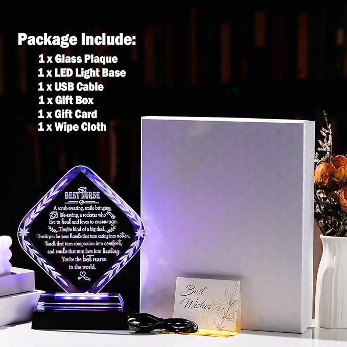 Arikyrist Glass Best Nurse Appreciation Gifts for Women with LED Light Base - Medical Keepsake Plaque for Nurses Practitioner Nursing School Students on Nurse Week Graduation