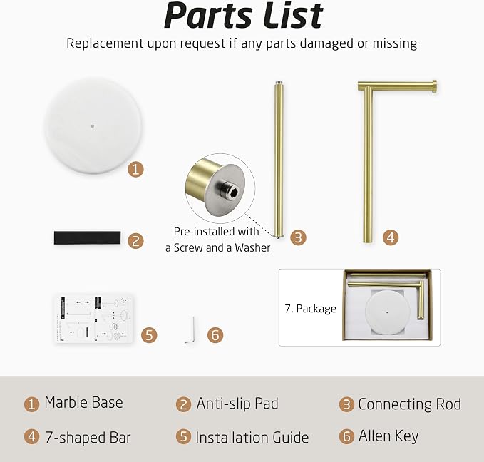KES Extra High Gold Toilet Paper Holder Freestanding 26", Toilet Paper Holder Stand with Natural Marble Base, Floor Free StandingToilet Paper Holder 18/8 Stainless Steel Brushed Gold, BPH284S66-BZ