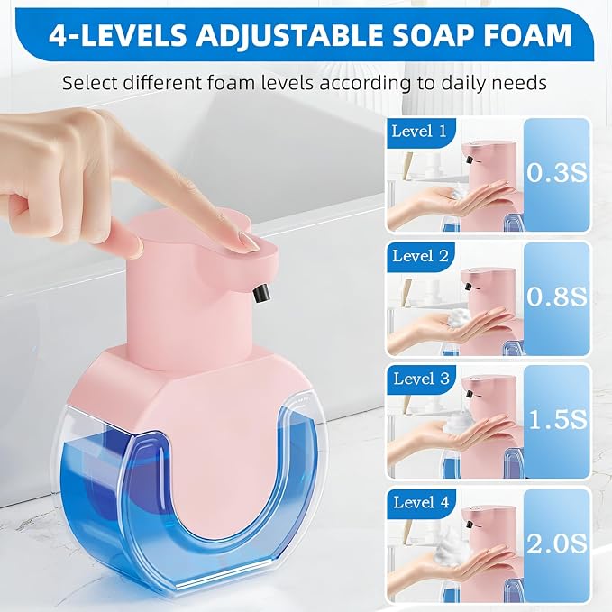 2Pack Automatic Soap Dispenser Touchless, Rechargeable Foaming Soap Dispenser,15oz/420ml Smart Hand Soap Dispensers,4-Level Adjustable,Wall Mount for Bathroom Kitchen Dish Soap(Pink, Foam)