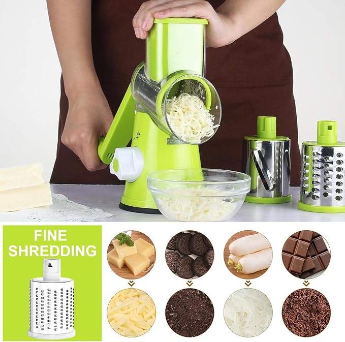 Cambom Rotary Cheese Grater Hand Crank Cheese Shredder for Fresh Cheese, Vegetable, Nuts,Non-slip Suction Base，Three Blades,Green