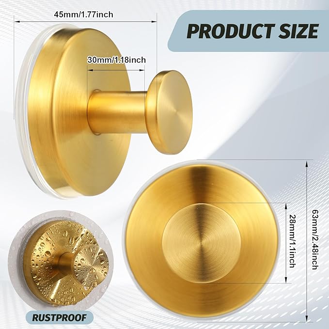 Large 15lb Suction Cup Hooks for Shower, No-Drill Bathroom Towel Hooks for Robes, Loofah, Removable Mountable on Glass, Tile, Mirrors, Smooth Non-Porous Surfaces (2, Brushed Gold)