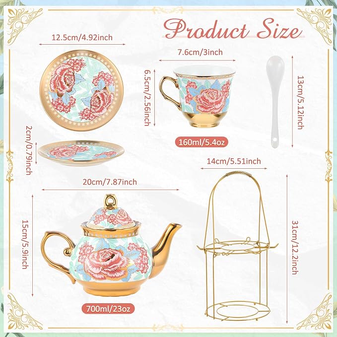Zhehao 20 Pcs Porcelain Tea Set with Metal Holder and Spoon Adult Ceramic Tea Set European Flower Painting Teapot Cup Saucer Spoon for Women Mom Gift, Large Version (Vintage Style)