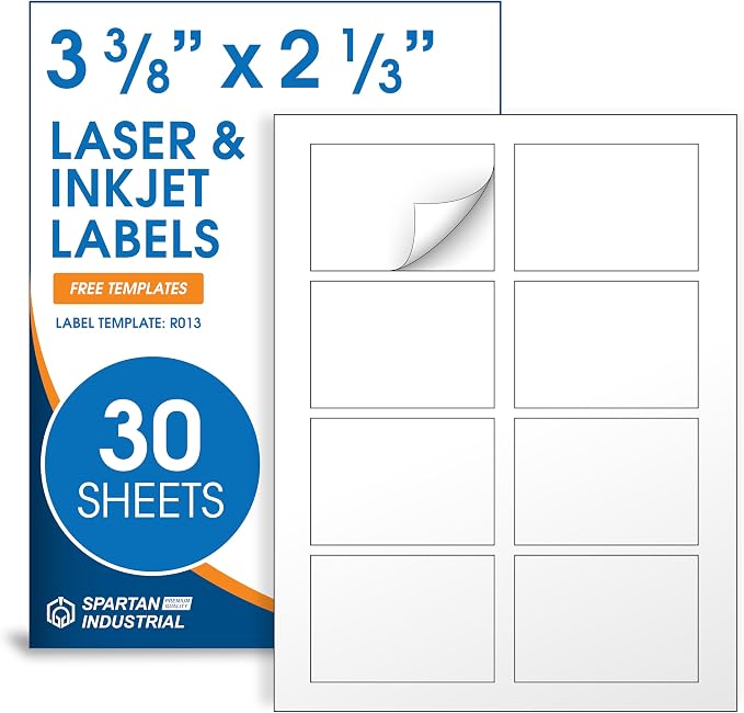 2 1/3" X 3 3/8" Matte White Printable Labels (30 Sheets, 240 Stickers) Name Tag Stickers, Address and Shipping Labels for Laser & Inkjet Printers - Spartan Industrial Template R013