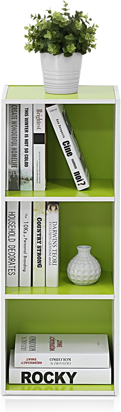 Furinno LUDER Book Shelf, 3-Cube Bookshelf, Bookcase with Open Shelves, 9.3 x 12 x 31.5, Easy Assembly, for Living Room, Bedroom, Home Office, White/Green