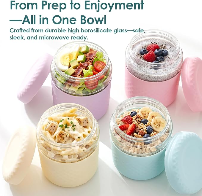 32 oz/4 Cup Glass Lunch Bowl Container with Lid, Leak & Spill Proof | BPA-Free, Microwave & Dishwasher Safe, Airtight Meal Prep & Food Storage Jar for Lunch, Salad, Soup, Oats, Stew, Yogurt