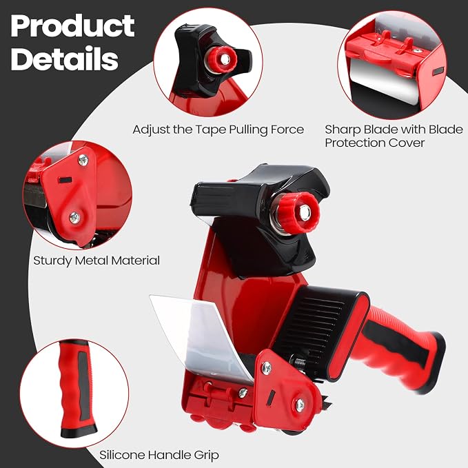 Dunzoom 2 Pack Packing Tape Dispenser Gun with 12 Roll Packing Tape 2 Inch Gun 2.7 Mil Heavy Duty Packaging for Shipping, Moving, Carton and Box Sealing(Black and Red)