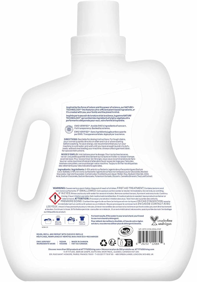 ATTITUDE Liquid Laundry Detergent, EWG Verified, HE Compatible, Plant-Based & Vegan, Natural Laundry Soap, Unscented, 80 Loads, 67.6 Fl Oz