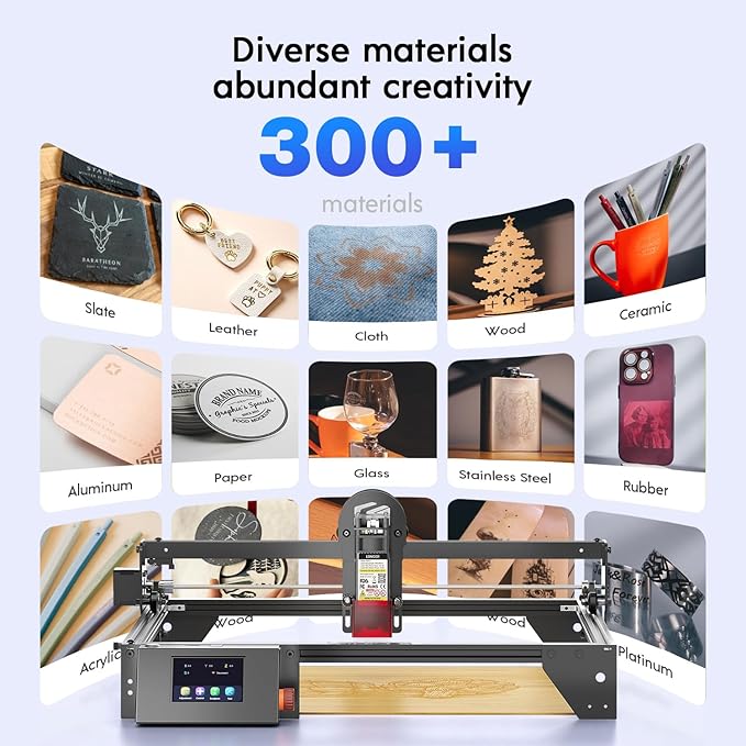 Longer RAY5 10W Laser Engraver with Air Assist Kit, Rotary Roller kit, and 8 Pcs Raiser, High Precision Laser Cutter and Engraver for Wood, Metal, Acrylic, Cylindrical Objects, Tumblers