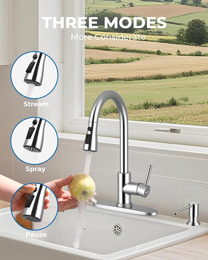 WEWE Kitchen Faucet with Soap Dispenser and Pull Down Sprayer, RV Single Handle Classic 3 Modes Stainless Steel Faucet for Kitchen Sink, RV, Polished Chrome