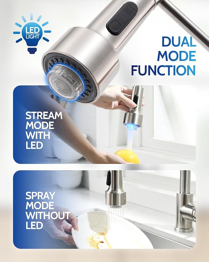 LUFEIDRA Kitchen Faucet with Sprayer LED Light, High Arc Spring 304 Stainless Steel Single Handle LED Faucets, Kitchen Sink Faucet for Bar Sink Rv, Brushed Nickel, Pot Filler Faucets